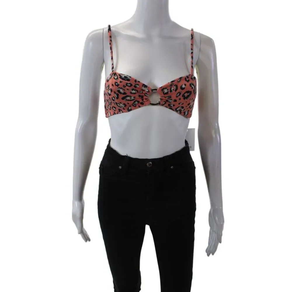 Suboo Womens Ring Front Bralette Leopard Bikini Top Coral Black Size 2XS